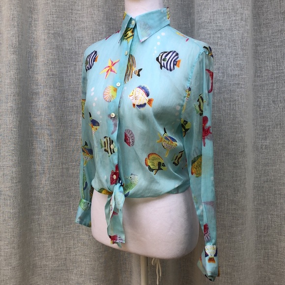 Leggiadro light blue with fishes button down blouse tie at waist - Picture 5 of 14